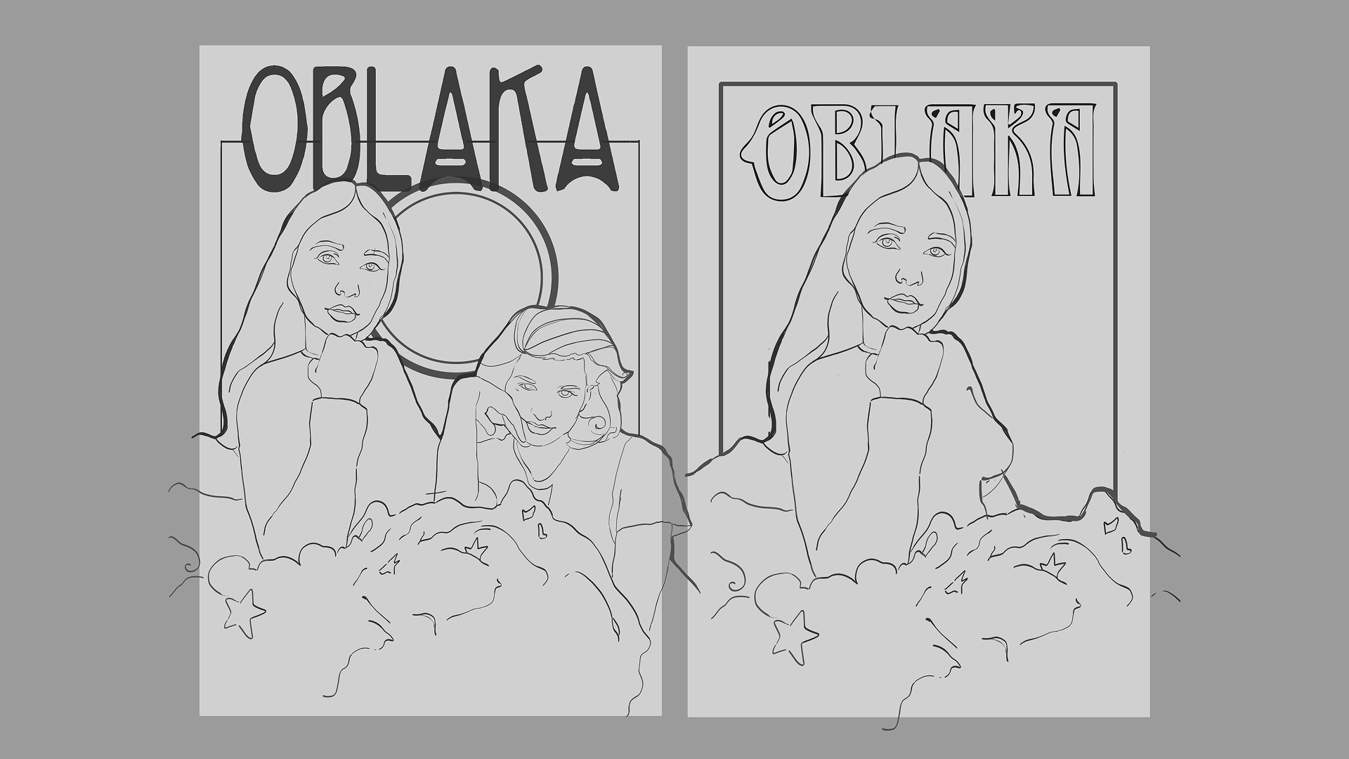 Two sketches of the poster depicitng 2 girls in Art Noveau style and the name of the game, Clauds by Aristophanes.