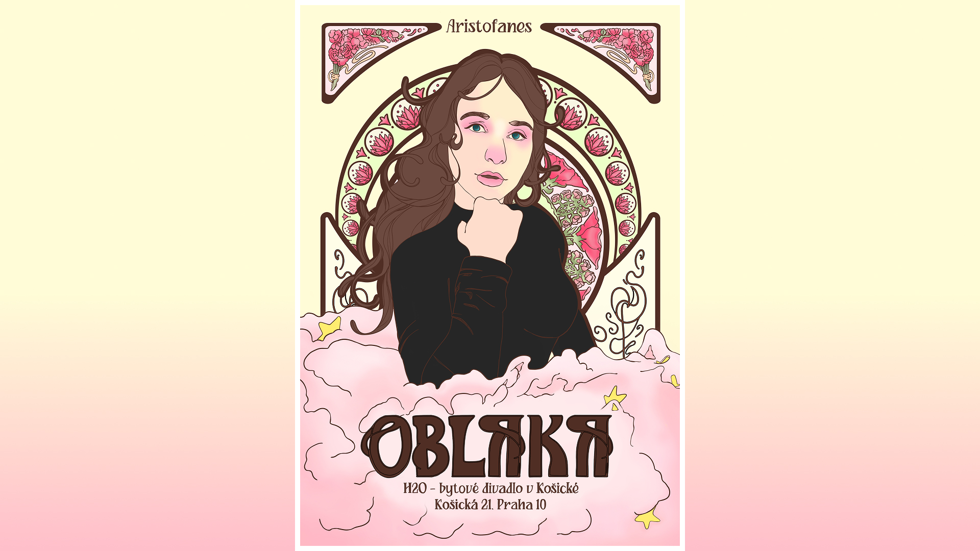 Final colorful version of the poster with only one girl in Art Noveau style and the name of the game, Clauds by Aristophanes.