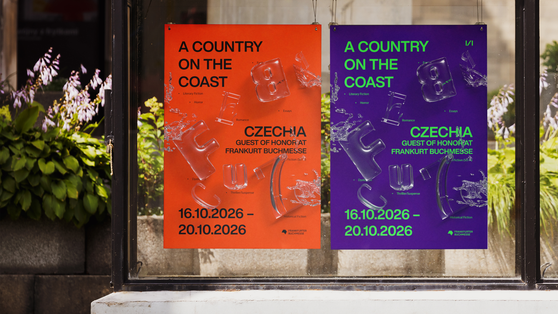 Showcase of my poster design orange and purple color variants, the typograpghy and 3D elements.