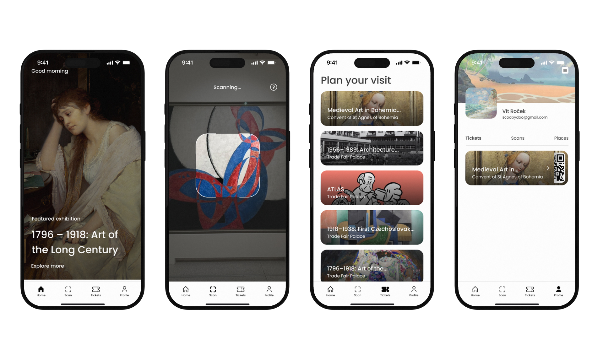 Design showcase about homepage, scan page, tickets page and contact page.